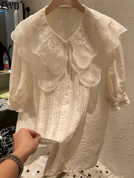 [EWQ] Шифоновая риза с бродерия на цветя и на една кука, на Женската Риза с къс ръкав, Модни Свободна Блуза с яка 
