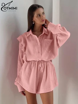 Oymimi Ежедневните Свободни розови памучни комплекти от 2 теми, дамски дрехи, зимни риза с дълъг ръкав и къси панталони с висока талия, Комплект дамски дрехи за дома