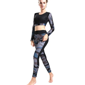 Дамски камуфляжные спортни потници за йога с дълги ръкави + дълги, тънки еластични гамаши, комплект от 2 теми, аксесоари, облекло, костюм за йога