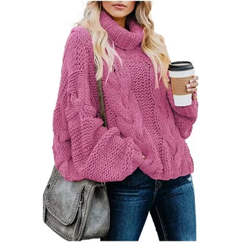 Дамски пуловери в Лениво стил, обикновена усукване от пържено тесто, Свободен Пуловер с висока воротом, пуловер с дълъг ръкав, Градинска дрехи, плетива за жените