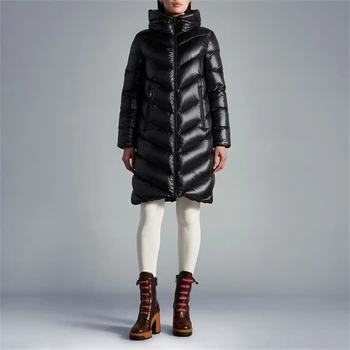 Дамско яке white goose, диагонално клетка, със средна дължина, с качулка, сако от тънък памук, Корейски стил, просто мода, зима, новост