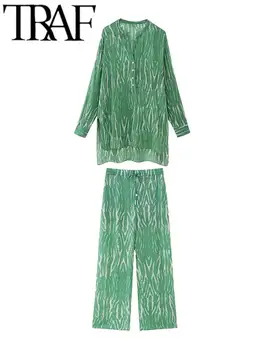 Жилетка с принтом ТРАФИКА Woman Y2K, Зелени Панталони, Ретро Съкратен топ без ръкави, с V-образно деколте, Женски Жилетные костюми, летни 2023, Комплекти от 2 теми