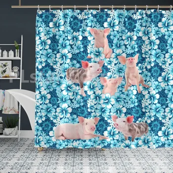 Завеса за душ под формата на синьо хибискус с 3D принтом, Завеси за баня с куки, завеса за душ под формата на забавни животни