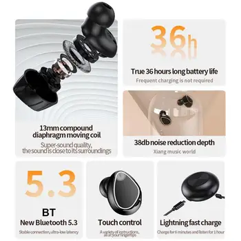 Модерни матови черни слушалки, безжични слушалки в ушите, стерео уредба, музикални слушалки с супербасами, намаляване на шума, водоустойчиви слушалки
