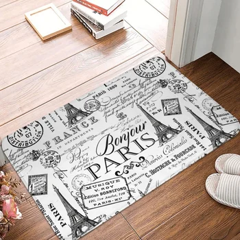Нескользящий килим за баня Ретро Парижки черно-бял мат спални със символично изображение, Добре Дошли, подложка за домашен интериор, килим