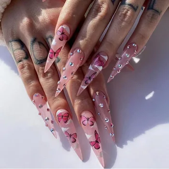 Режийни нокти с лепило Миндально розов цвят, под формата на пеперуда, Подвижни Кристали, акрилни режийни нокти, дълги шипове за нокти