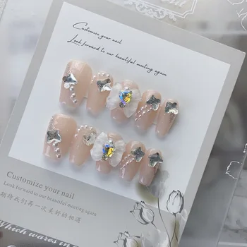 Режийни ноктите ръчно изработени, къси, квадратни корейски ноктите с пълно покритие, професионален дизайн, Кристали и акрил За момичета