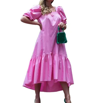 Розово-секси лятна рокля, Нова мода, Свободен Квадратен яка, Буйни ръкави, Голяма Люлка, Розово-червени Дамски рокли с висока талия