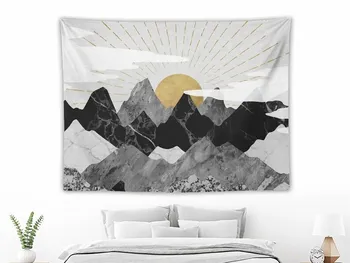 Стенен Гоблен с планините и на залеза, Гоблен с горски дървета, природен пейзаж за декориране на спалня, дневна