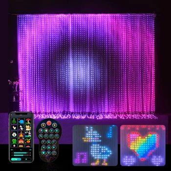 Умни гирлянди за пердета, управлявани приложение - 400 led страхотни висящи осветителни тела с програмируем картина и текст, безжично синхронизиране на музика